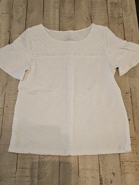 Talbots White Eyelet Yoke Short Sleeve Tee Size S - New!